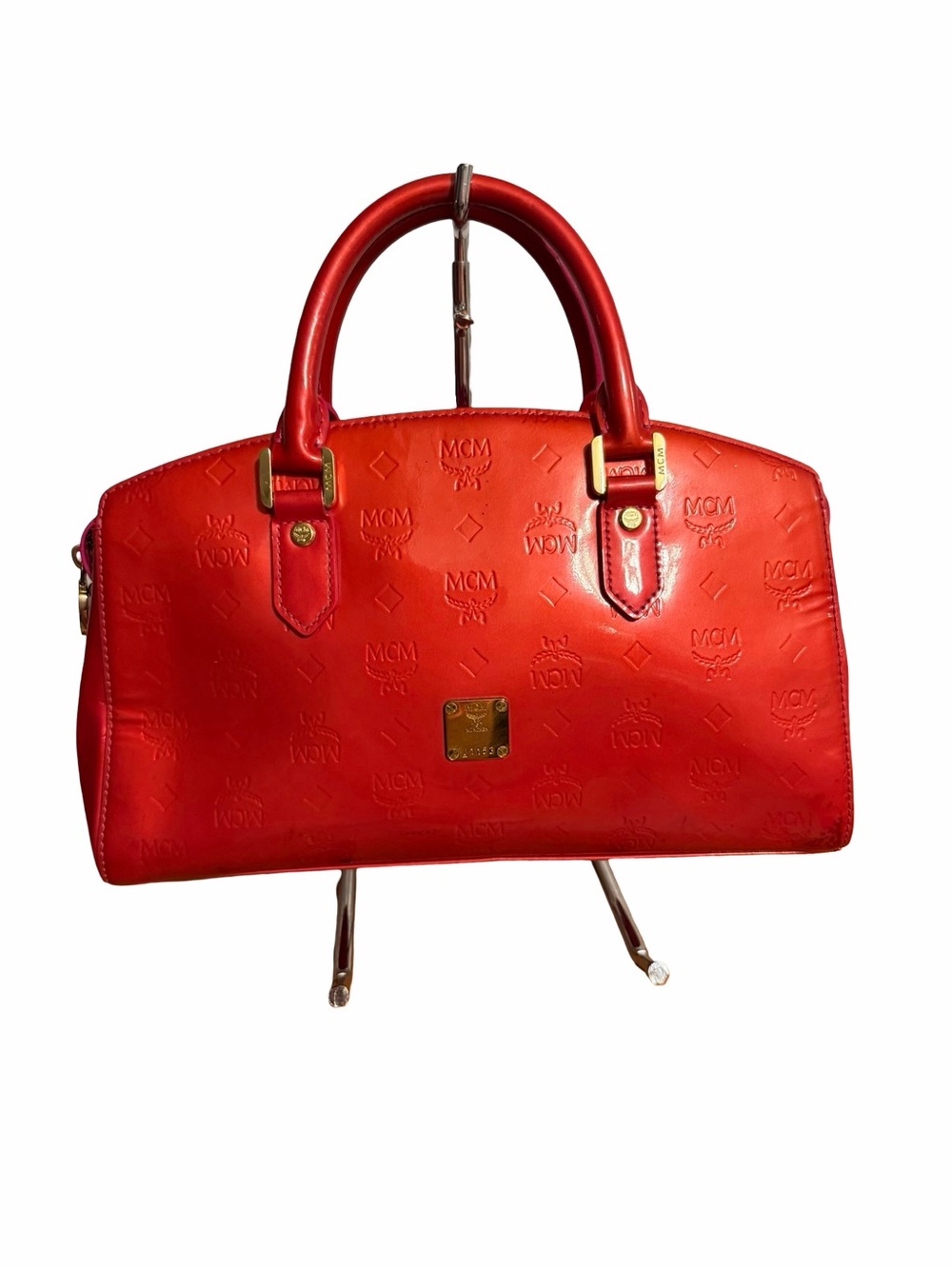 MCM Pink Embossed Leather Satchel with Gold Hardware